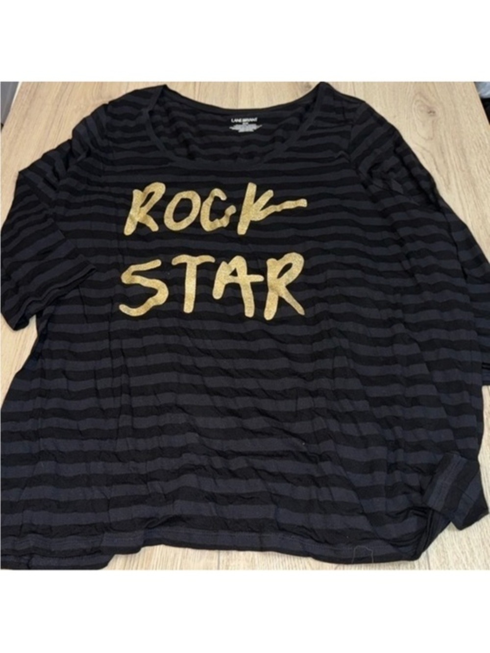 Lane Bryant Black Striped "Rock Star" Short Sleeve Tee with Gold Graphic